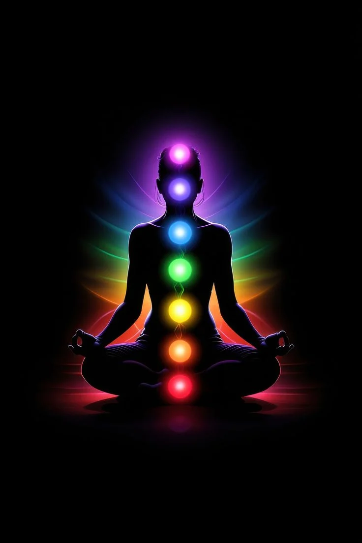 Ilustração de uma pessoa sentada em posição de lótus, com os sete chakras iluminados ao longo da coluna