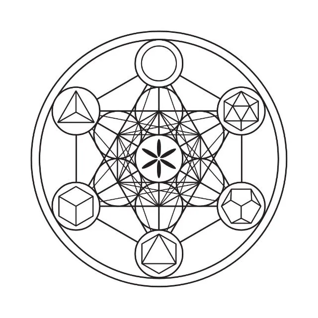 Gráfico radiônico Cubo de Metatron com sólidos platônicos, impresso em placa branca