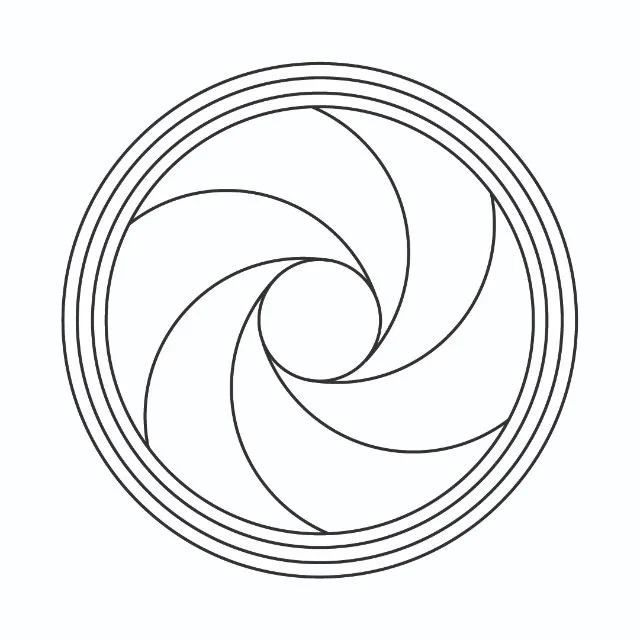 Gráfico radiônico Diafragma, com espiral de linhas curvas dentro de círculos concêntricos, impresso em placa branca